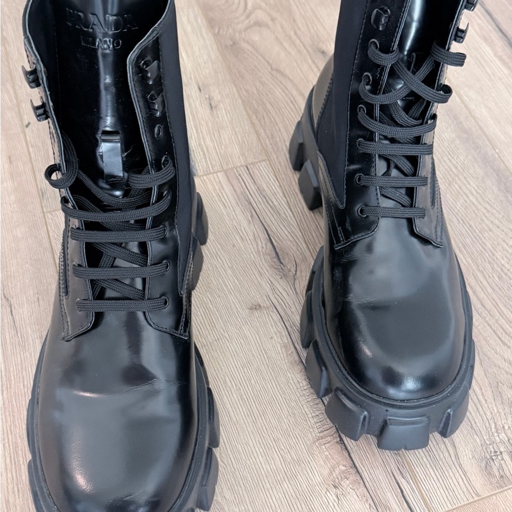 Prada Black Patent Leather Lug-Sole Combat Boots